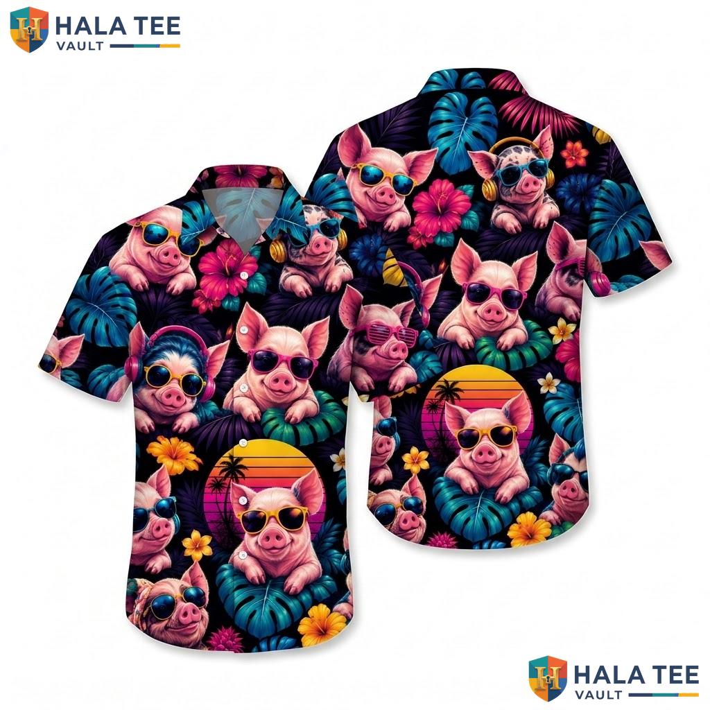 Funny Pig Tropical Aloha Shirt Vibrant Mens Summer Flower Button Down Top