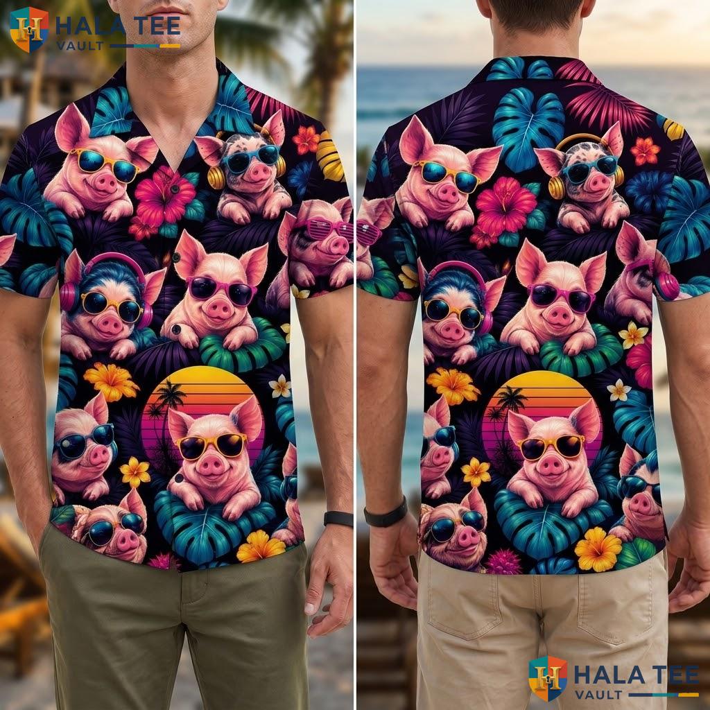 Funny Pig Tropical Aloha Shirt Vibrant Mens Summer Flower Button Down Top Adult