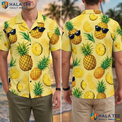 Funny Pineapple Aloha Shirt Vibrant Yellow Mens Casual Summer Button Down Adult