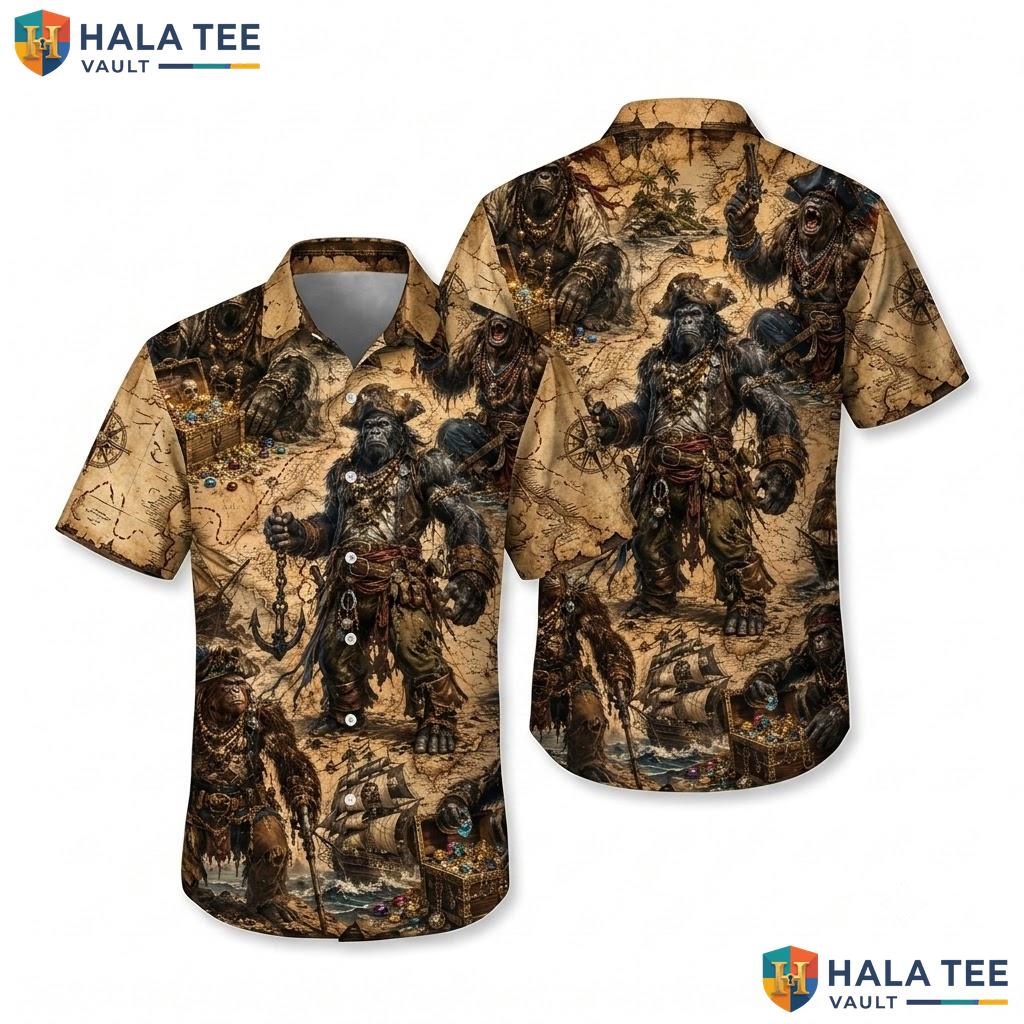 Funny Pirate Bigfoot Hawaiian Shirt Quirky Treasure Map Ship Button Down