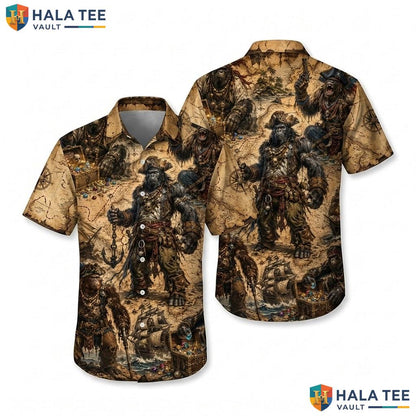 Funny Pirate Bigfoot Hawaiian Shirt Quirky Treasure Map Ship Button Down