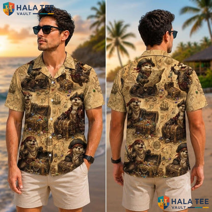 Funny Pirate Dog Hawaiian Shirt Whimsical Cartoon Animal Earthy Color Top Adult