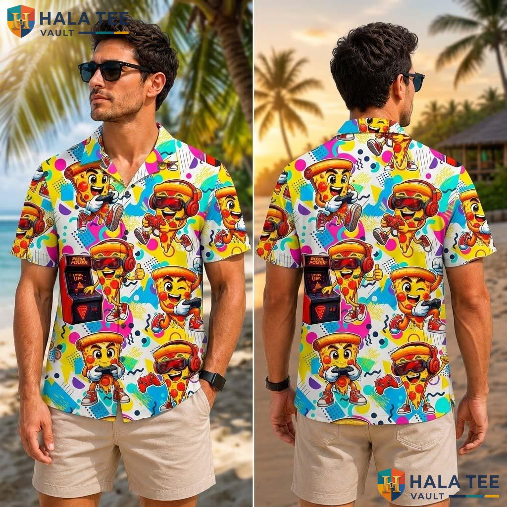 Funny Pizza Pattern Tropical Shirt Farm Life Aloha Button Down Vacation