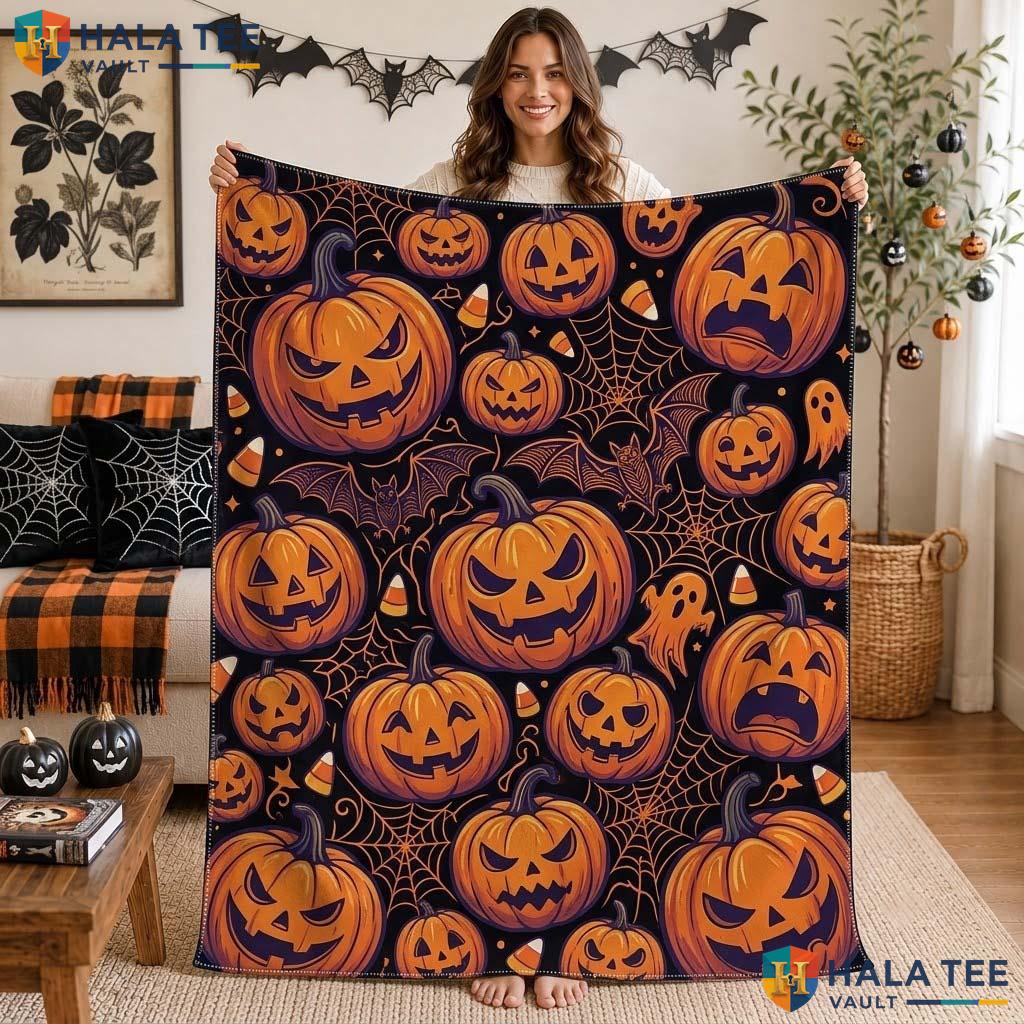 Funny Pumpkin Face Halloween Blanket Whimsical Sofa Bed Throw 50x