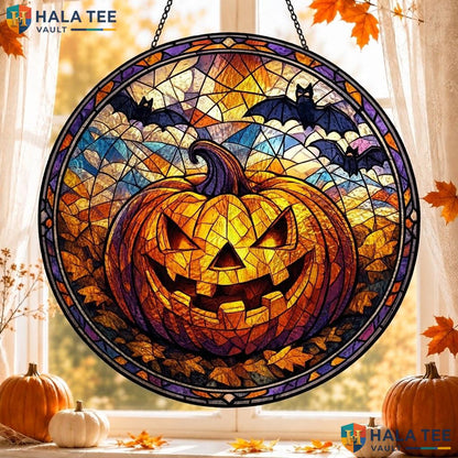 Funny Pumpkin Stained Glass Suncatcher, Whimsical Halloween Window Decor