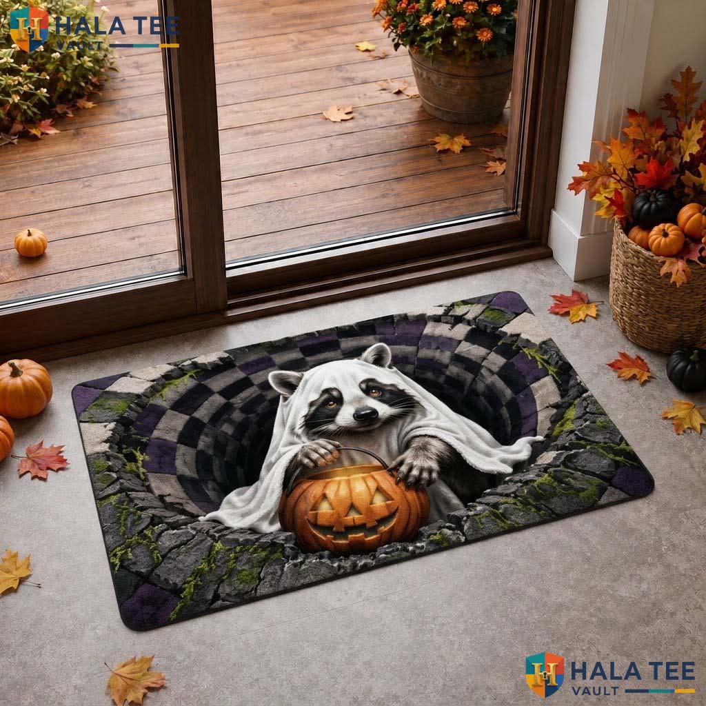 Funny Raccoon Ghost Halloween Doormat 3D Pumpkin Spooky Optical Decor