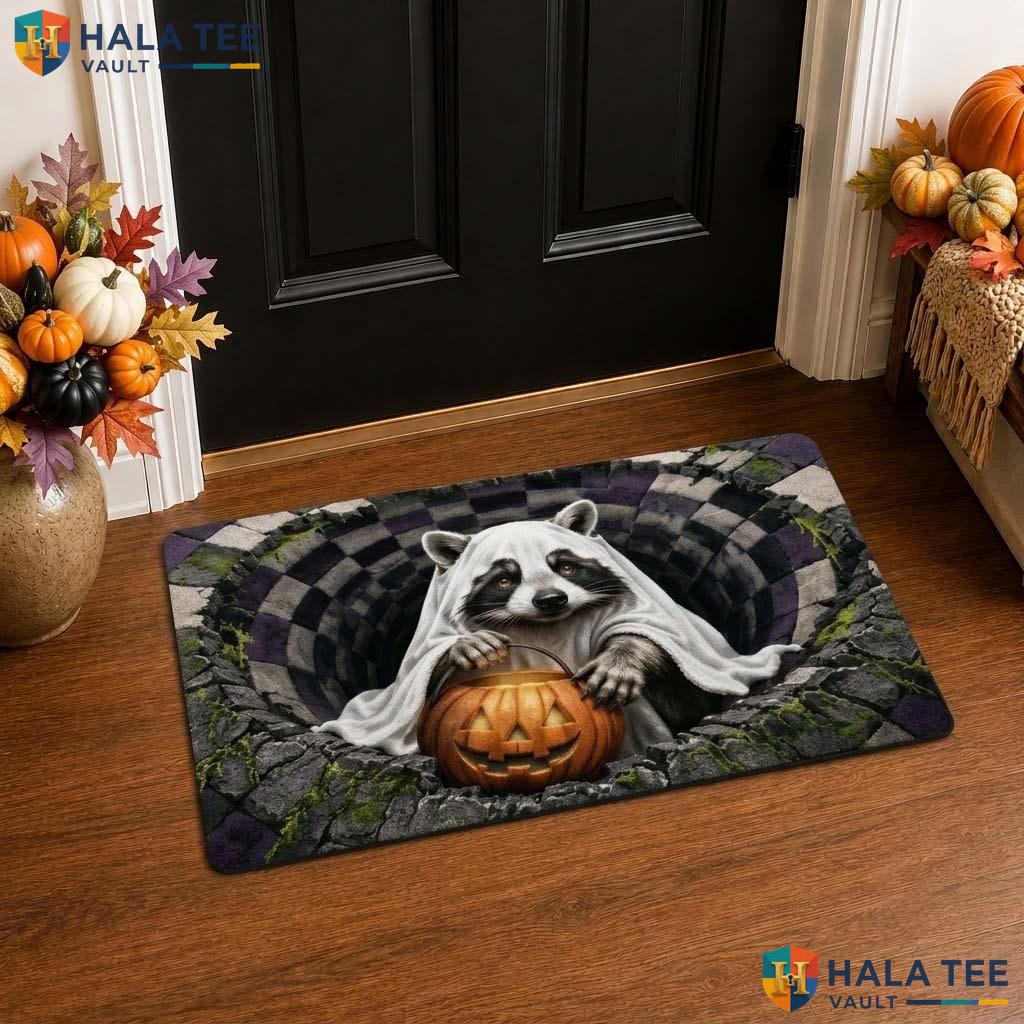 Funny Raccoon Ghost Halloween Front door mat 3D Pumpkin Spooky Optical Decor
