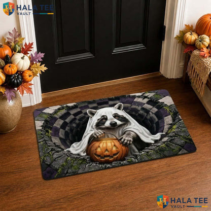 Funny Raccoon Ghost Halloween Front door mat 3D Pumpkin Spooky Optical Decor