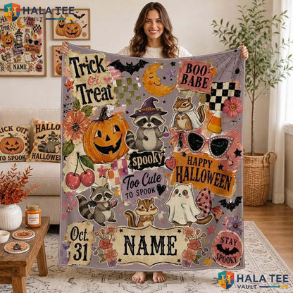 Funny Raccoon Halloween Blanket Personalized Witch Ghost Pumpkin Throw