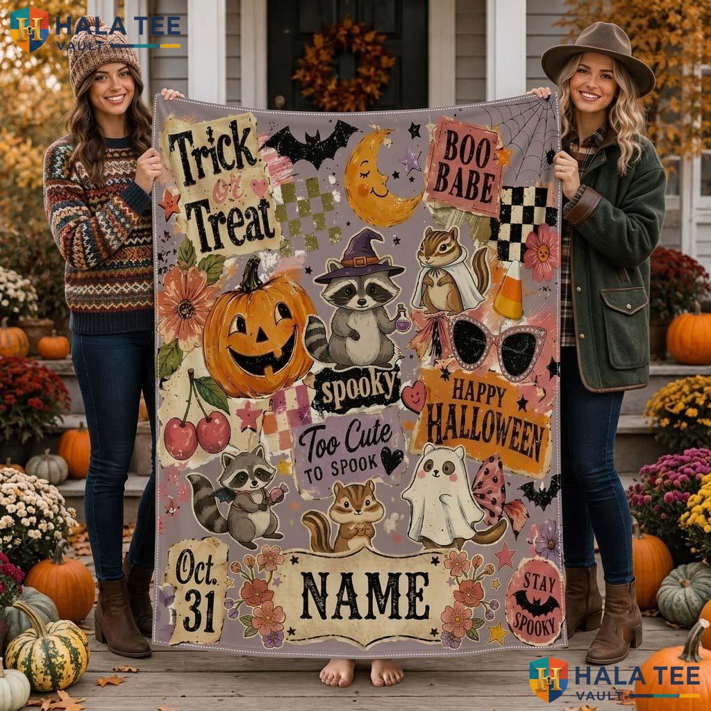 Funny Raccoon Halloween Blanket Personalized Witch Ghost Pumpkin Throw