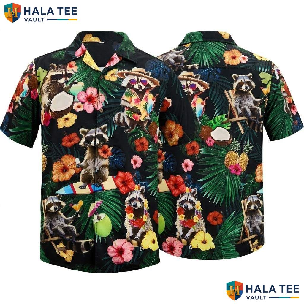 Funny Raccoon Hawaiian Shirt Mens Novelty Button Down Summer Beachwear