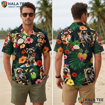Funny Raccoon Tropical Shirt Mens Novelty Button Down Summer Beachwear