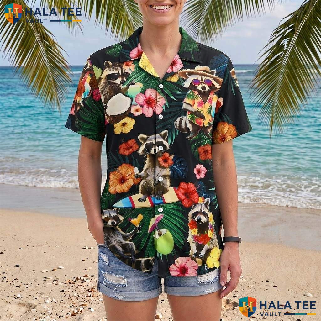 Funny Raccoon Aloha Shirt Mens Novelty Button Down Summer Beachwear