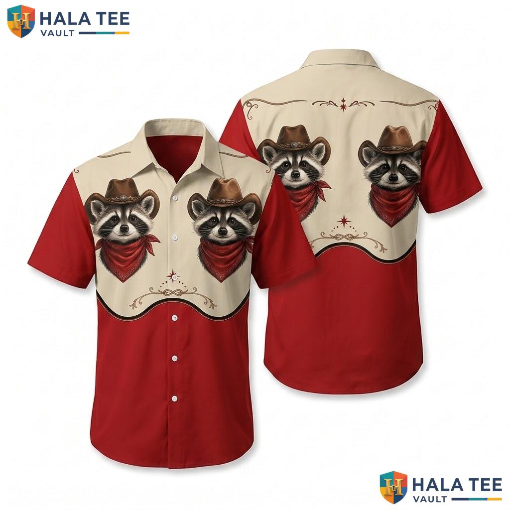 Funny Raccoon Hawaiian Shirt Red Mens Button Down Cowboy Print Apparel