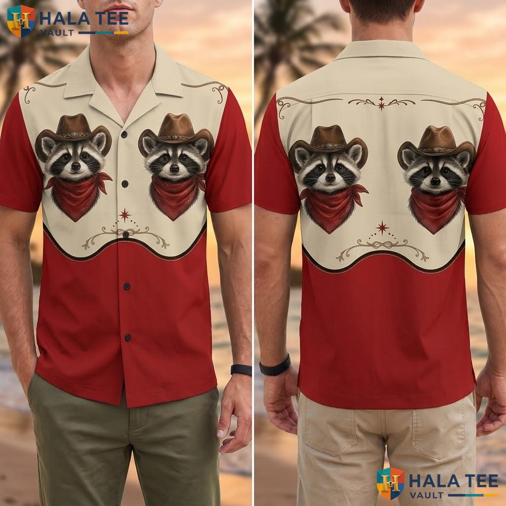 Funny Raccoon Hawaiian Shirt Red Mens Button Down Cowboy Print Apparel Adult