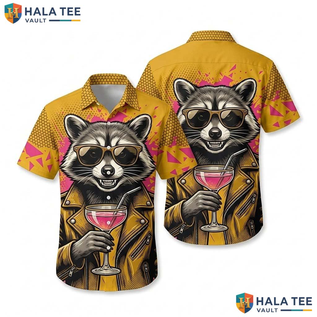 Funny Raccoon Hawaiian Shirt Vibrant Playful Graphic Summer Button Down Top