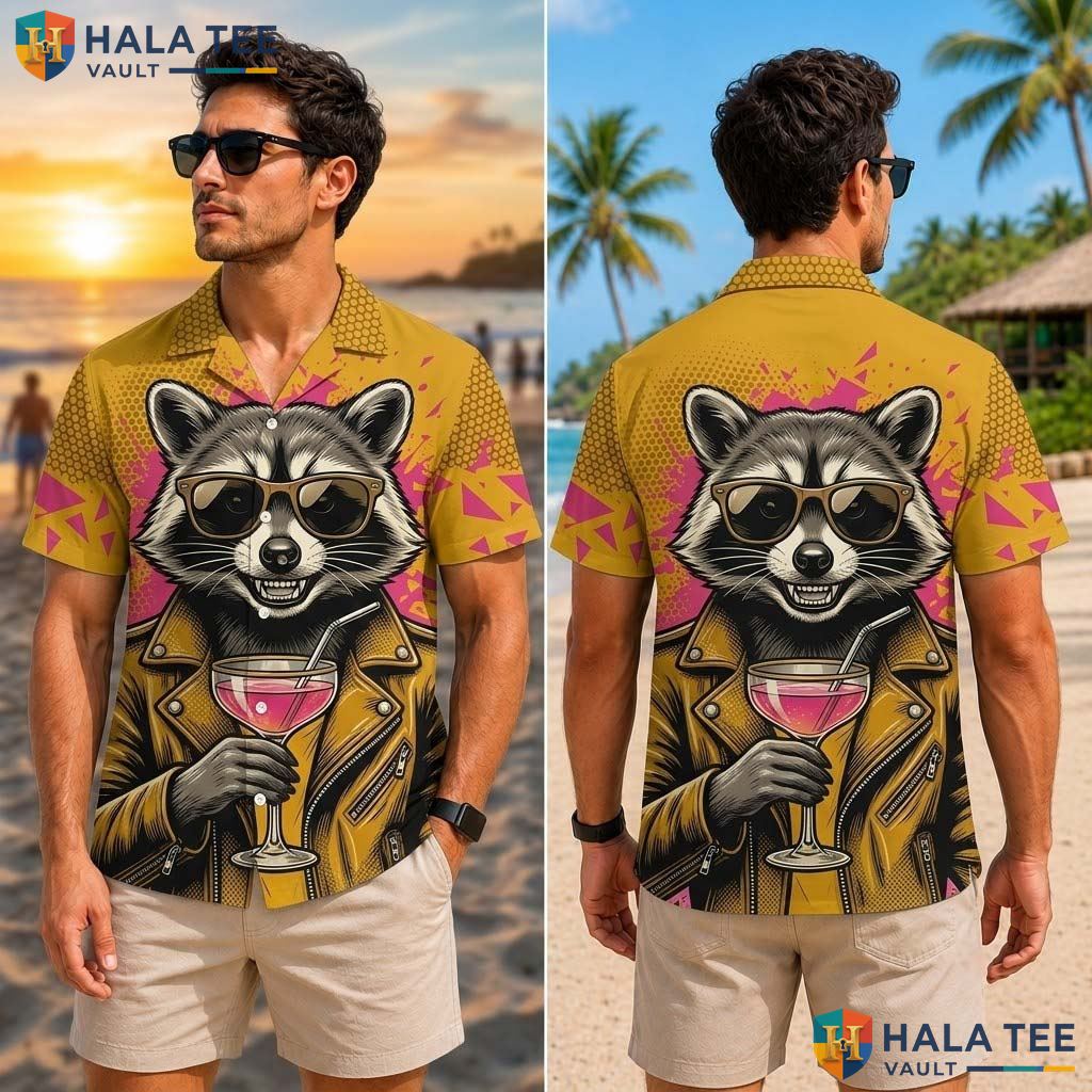 Funny Raccoon Tropical Shirt Vibrant Playful Graphic Summer Button Down Top