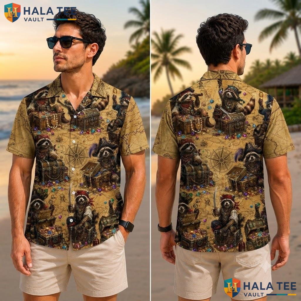 Funny Raccoon Pirate Hawaiian Shirt Whimsical Treasure Chest Summer Wear Adult