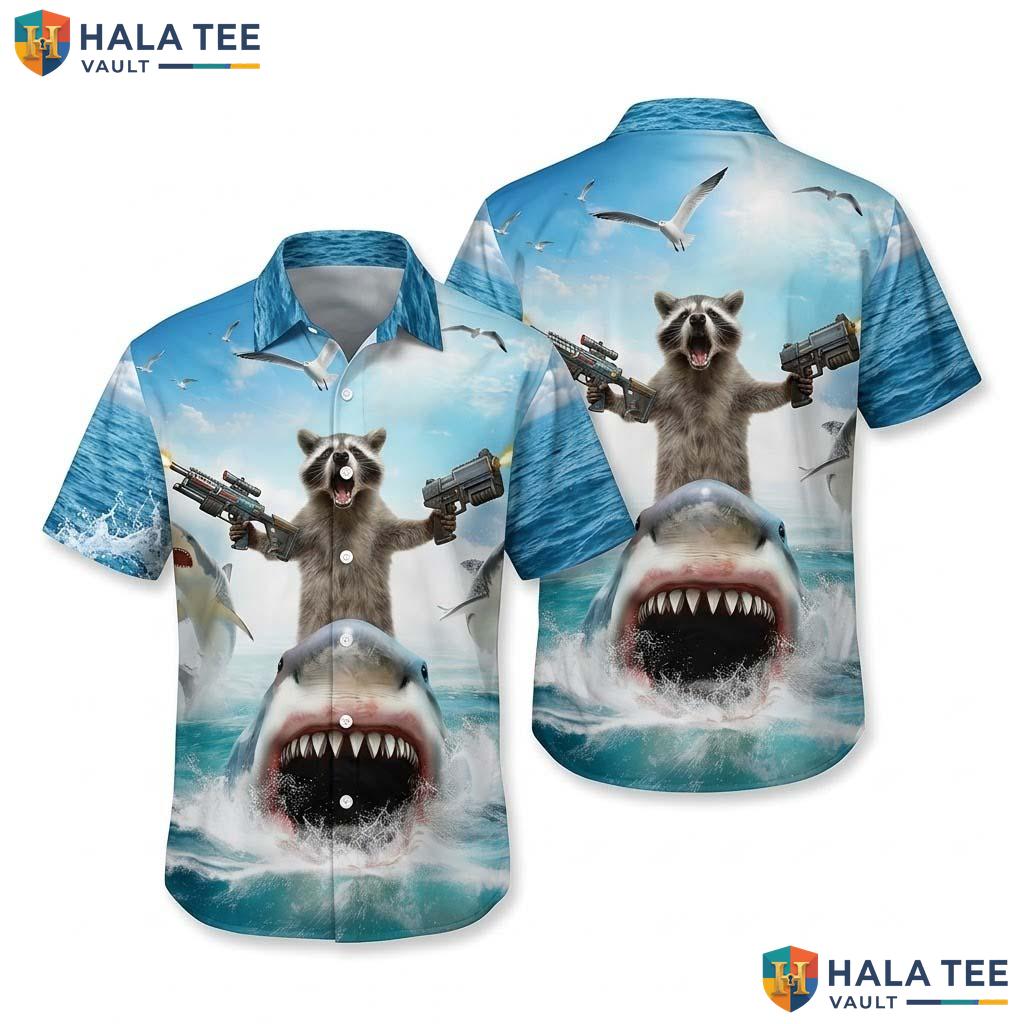 Funny Raccoon Shark Hawaiian Shirt Whimsical Design Vibrant Ocean Color Top