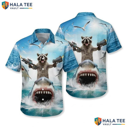 Funny Raccoon Shark Hawaiian Shirt Whimsical Design Vibrant Ocean Color Top