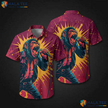 Funny Rock Star Chimpanzee Hawaiian Shirt Vibrant Casual Button Down Summer Top