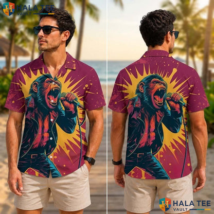 Funny Rock Star Chimpanzee Tropical Shirt Vibrant Casual Button Down Summer Top