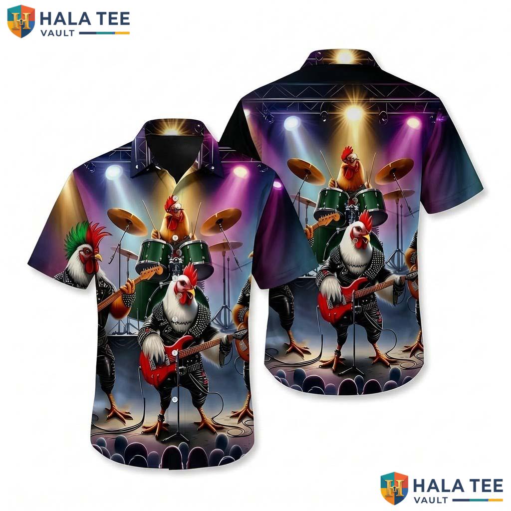 Funny Rooster Band Hawaiian Shirt Vibrant Cartoon Musician Print Button Down