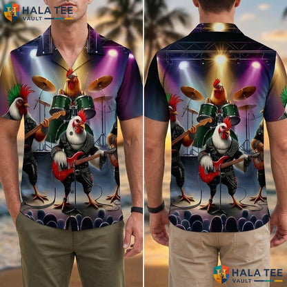 Funny Rooster Band Tropical Shirt Vibrant Cartoon Musician Print Button Down