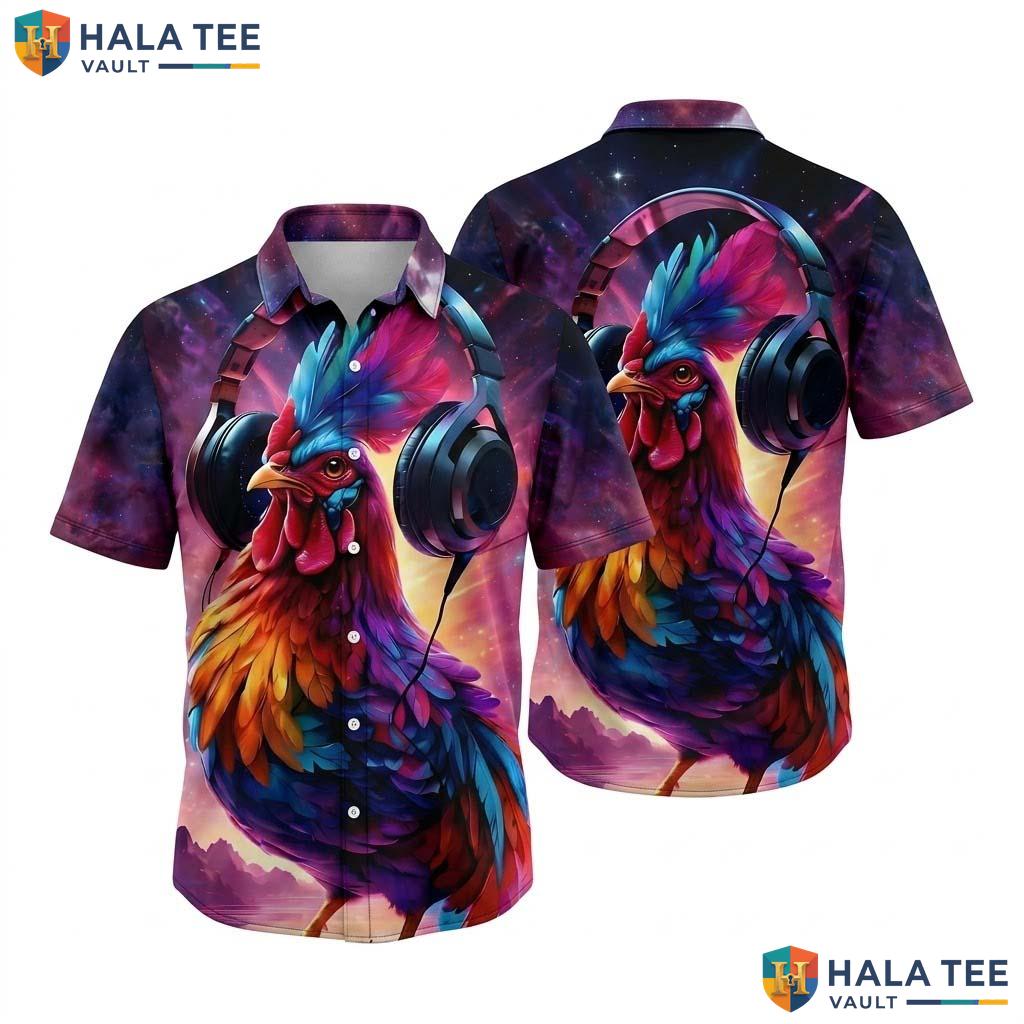 Funny Rooster Music Aloha Shirt Colorful Casual Button Down For Party Men