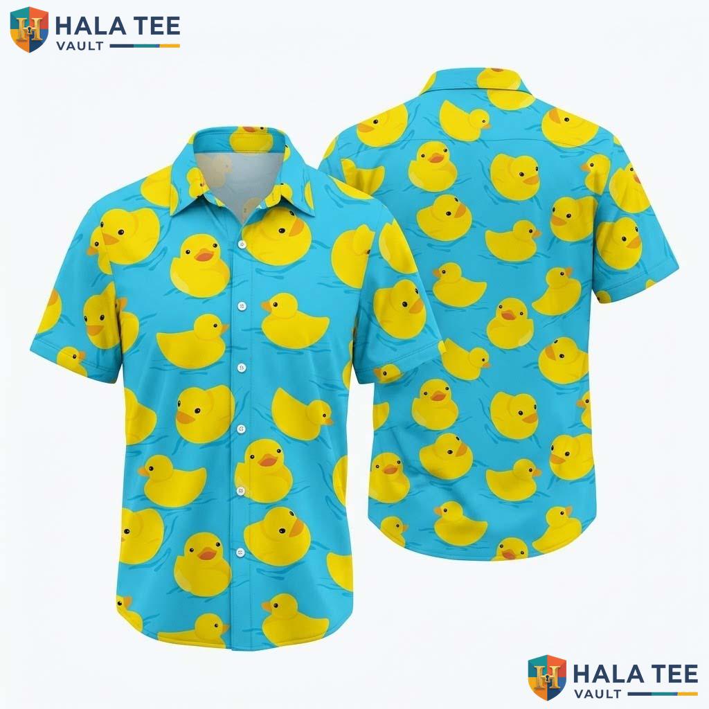 Funny Rubber Duck Hawaiian Shirt Playful Blue Yellow Summer Fun Button Down