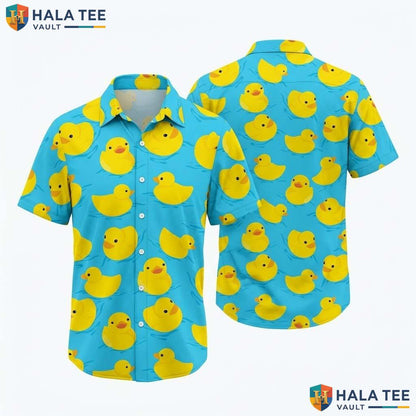 Funny Rubber Duck Hawaiian Shirt Playful Blue Yellow Summer Fun Button Down