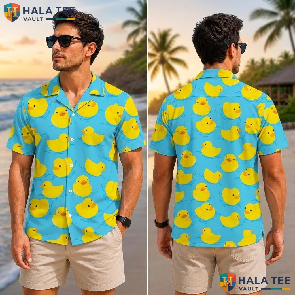 Funny Rubber Duck Tropical Shirt Playful Blue Yellow Summer Fun Button Down