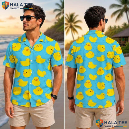Funny Rubber Duck Tropical Shirt Playful Blue Yellow Summer Fun Button Down