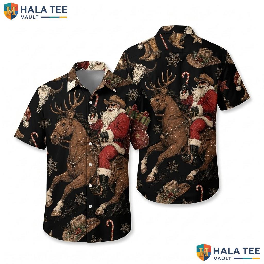 Funny Santa Horse Hawaiian Shirt Black White Mens Casual Summer Button Down