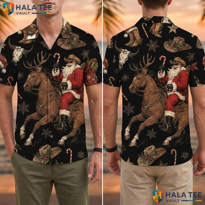 Funny Santa Horse Hawaiian Shirt Black White Mens Casual Summer Button Down Adult