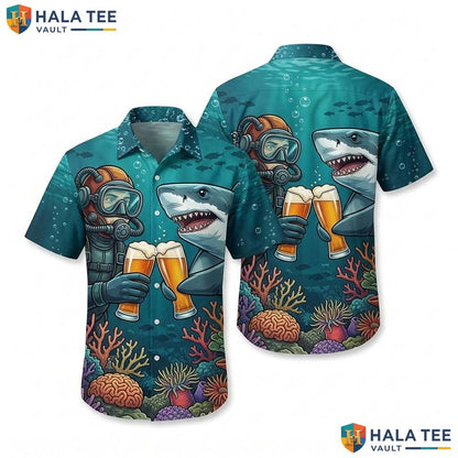 Funny Shark Diver Aloha Shirt Mens Novelty Print Casual Summer Button Down