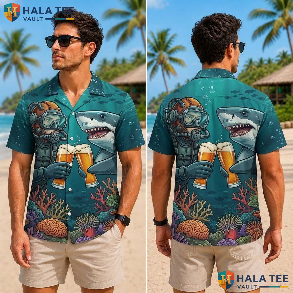 Funny Shark Diver Tropical Shirt Mens Novelty Print Casual Summer Button Down