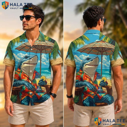 Funny Shark Tropical Shirt Vibrant Graphic Summer Palm Tree Beach Scene Top