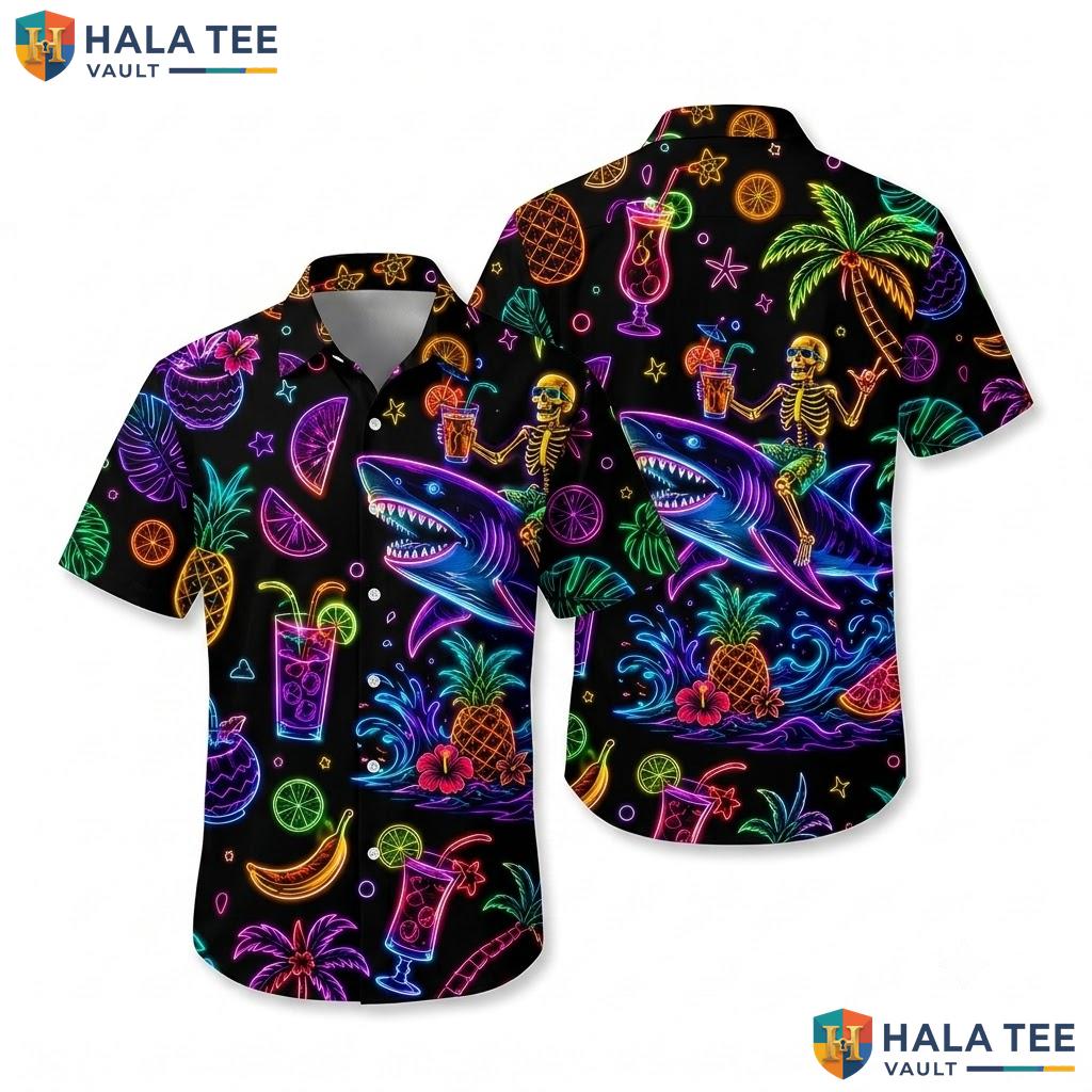 Funny Shark Tropical Hawaiian Shirt Vibrant Palm Tree Neon Beach Top