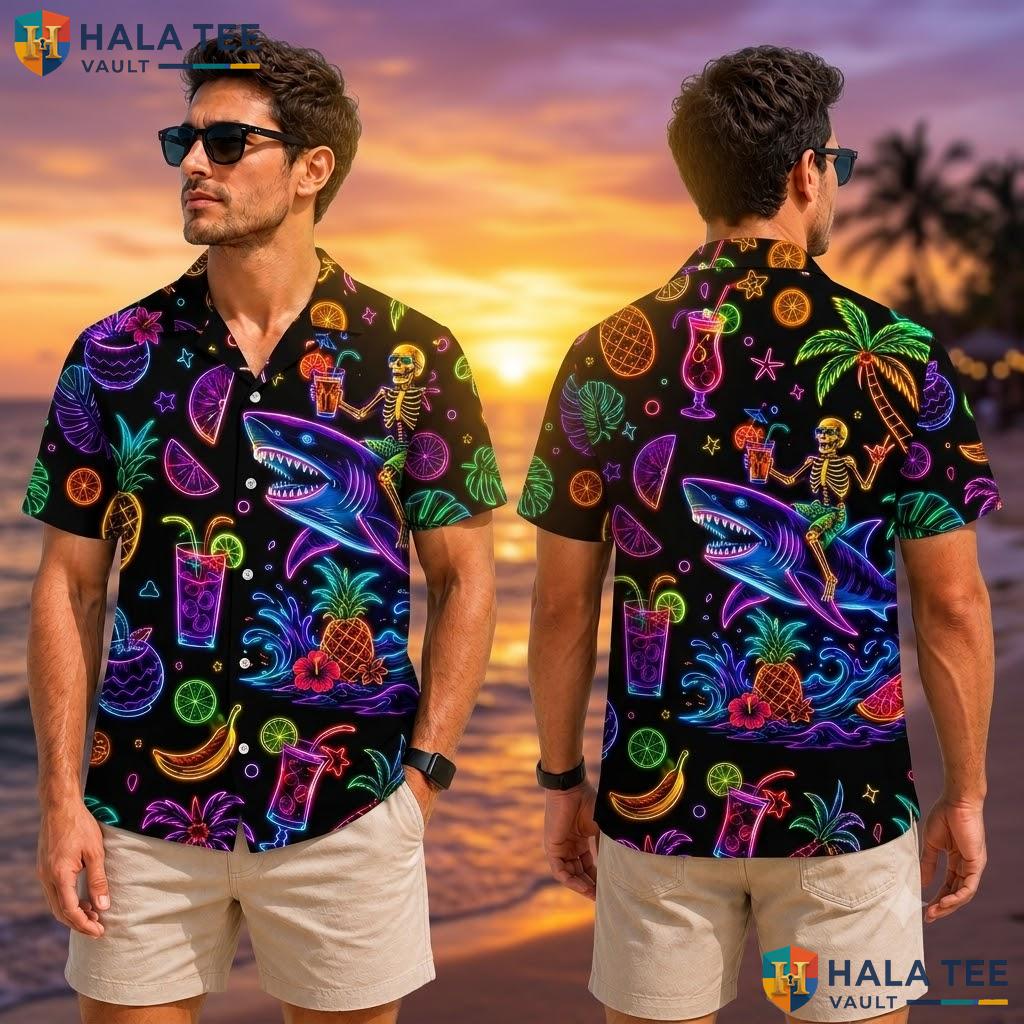 Funny Shark Tropical Hawaiian Shirt Vibrant Palm Tree Neon Beach Top Adult