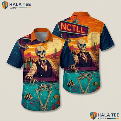 Funny Skeleton Bartender Hawaiian Shirt Vibrant Graphic Tropical Vacation