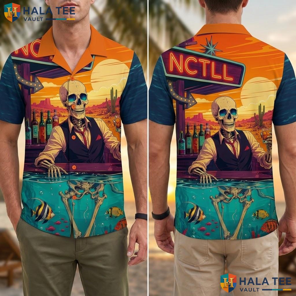 Funny Skeleton Bartender Hawaiian Shirt Vibrant Graphic Tropical Vacation Adult