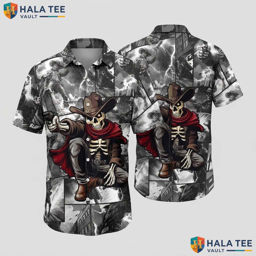 Funny Skeleton Cowboy Hawaiian Shirt Dark Grey Summer Button Down Beach Top