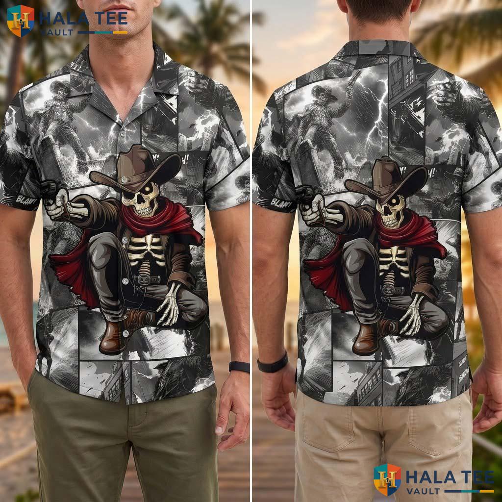 Funny Skeleton Cowboy Hawaiian Shirt Dark Grey Summer Button Down Beach Top Adult