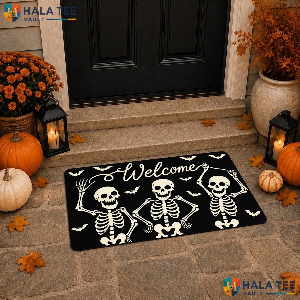 Funny Skeleton Halloween Doormat Spooky Skull Absorbent Welcome Floor Entry