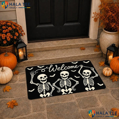 Funny Skeleton Halloween Doormat Spooky Skull Absorbent Welcome Floor Entry
