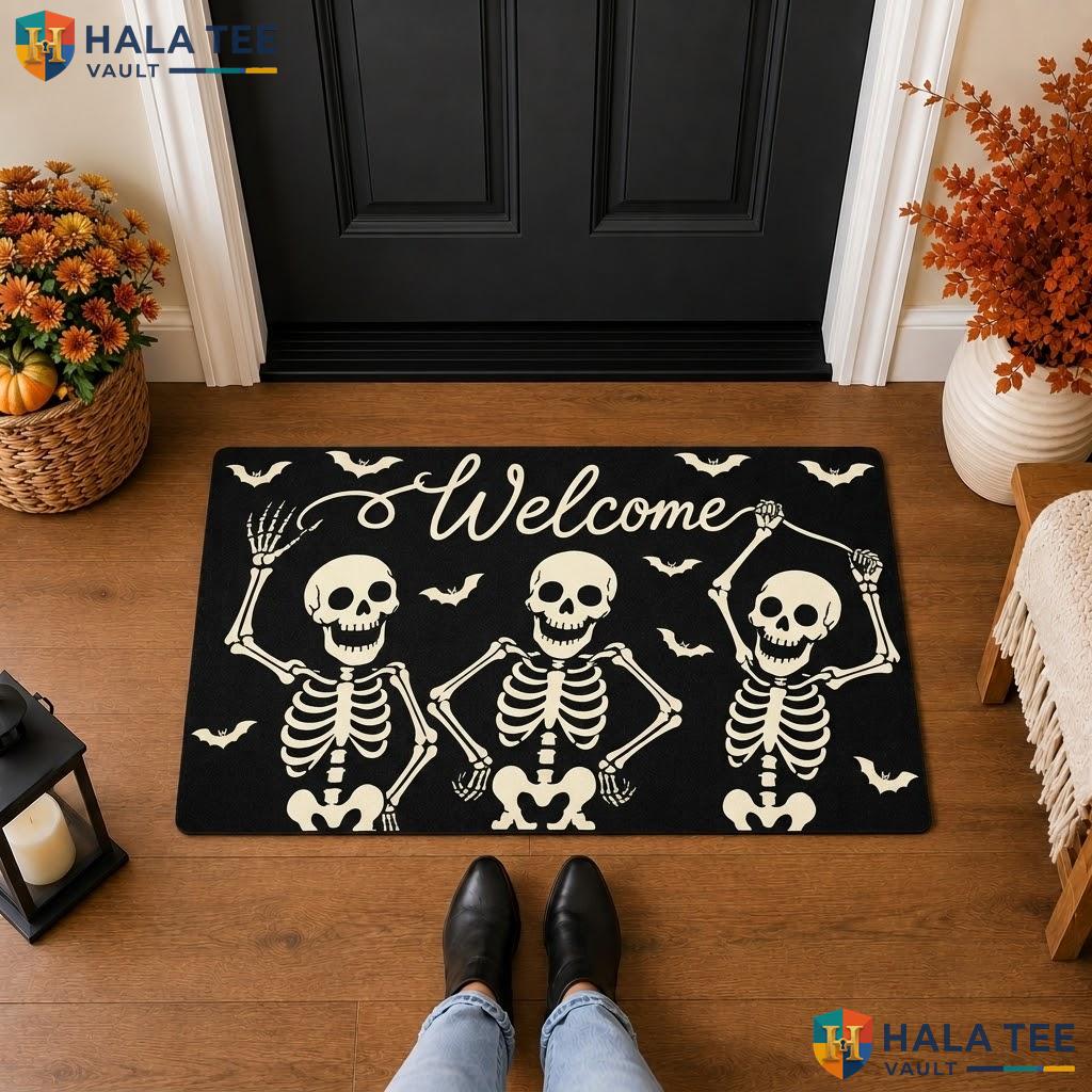 Funny Skeleton Halloween Front door mat Spooky Skull Absorbent Welcome Floor Entry