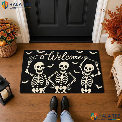 Funny Skeleton Halloween Front door mat Spooky Skull Absorbent Welcome Floor Entry