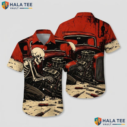 Funny Skeleton Mechanic Hawaiian Shirt Bold Graphic Print Vacation Apparel