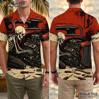 Funny Skeleton Mechanic Hawaiian Shirt Bold Graphic Print Vacation Apparel Adult